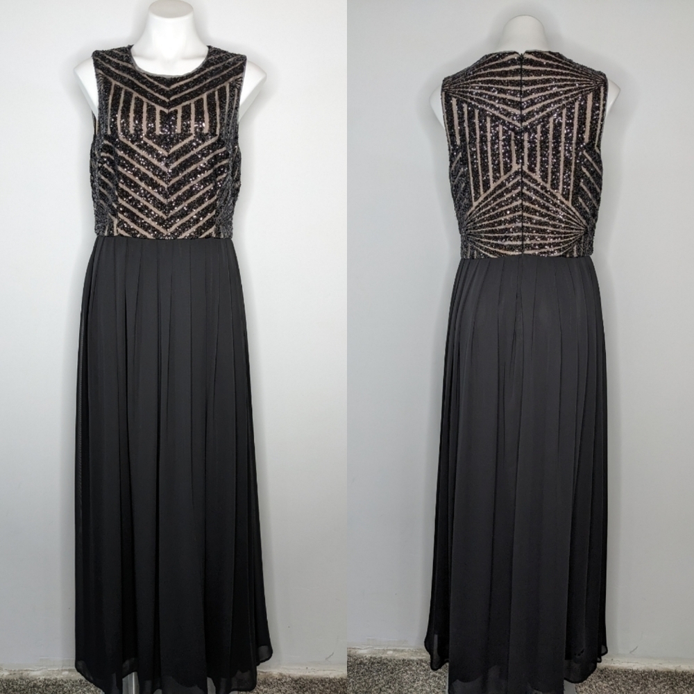 Xscape black tan sequin & chiffon maxi dress gown 14